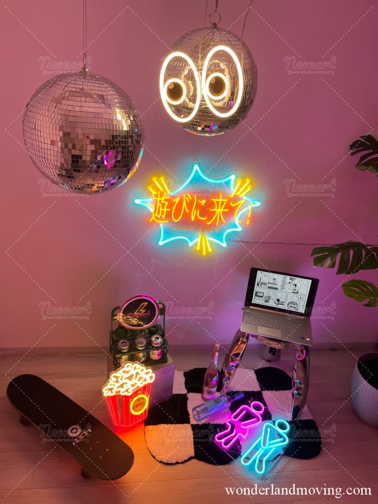 「遊びに来て!」漫画風ネオン看板