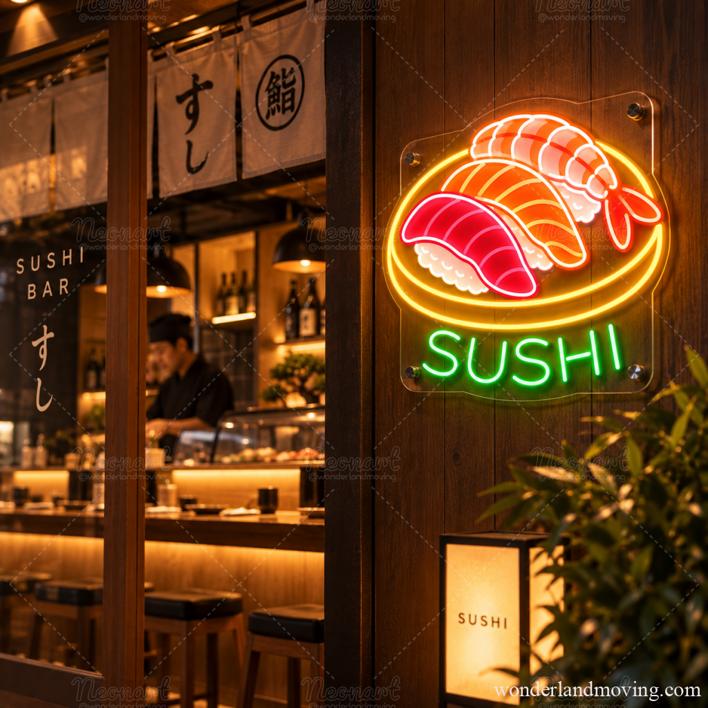 SUSHI 寿司 ネオンサイン｜和食・日本料理 - モチーフ+SUSHI（34cmx30cm） - ネオン看板